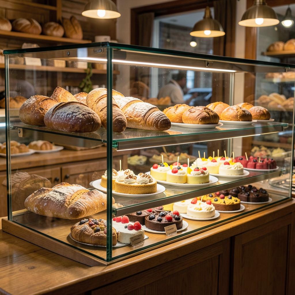 Artisan bakery display of breads and desserts