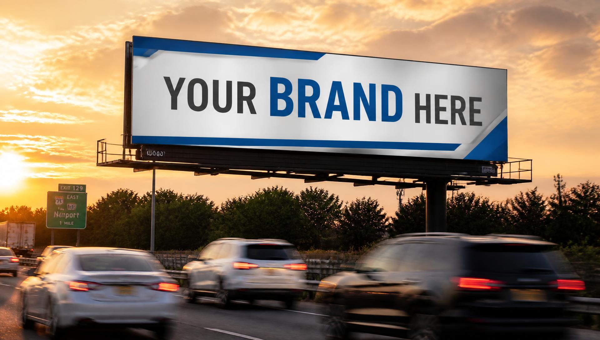 Horizontal highway billboard with Your Brand Here message on a busy New Jersey highway