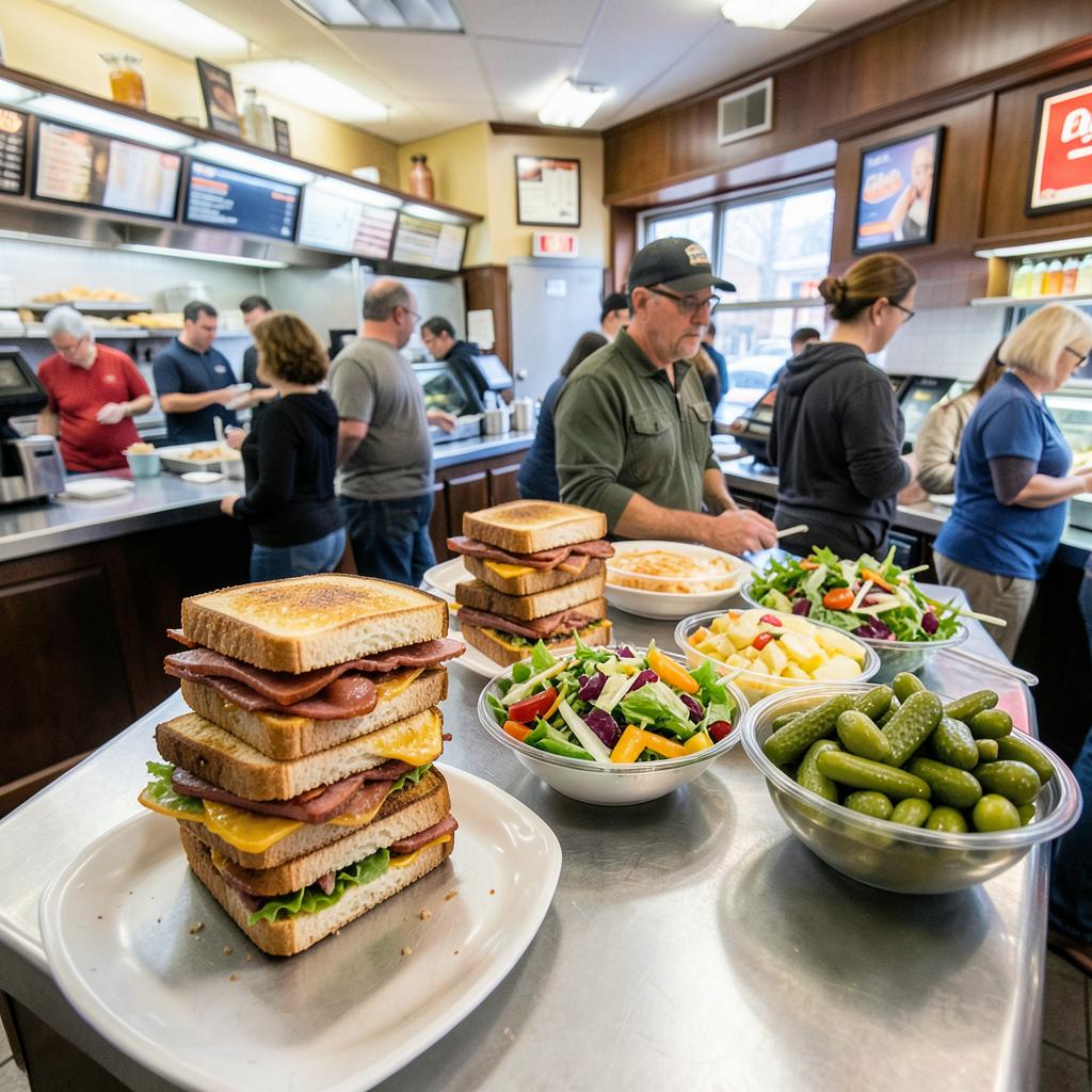 Classic New Jersey deli counter with stacked sandwiches